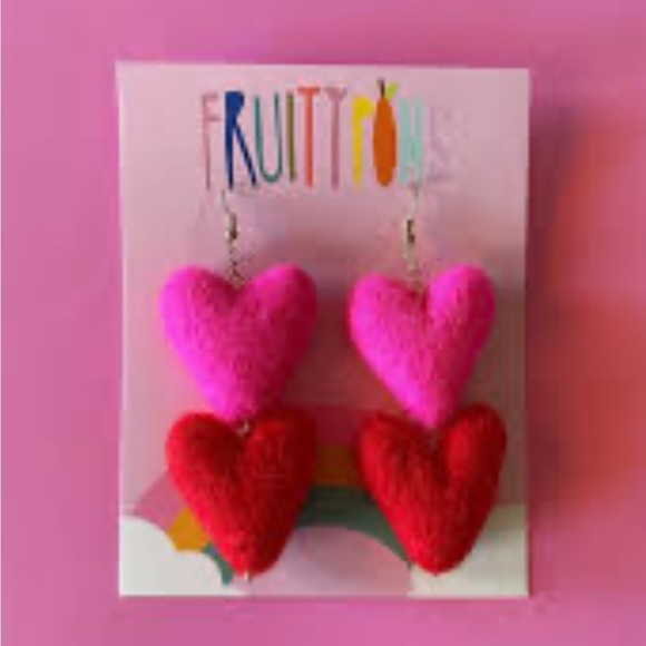 Handmade Pink and Red Heart Lightweight Wool Earrings San Antonio Local Artist - Picture 2 of 3